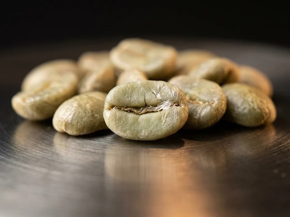 Grüne Microlot-Kaffeebohnen auf Edelstahl