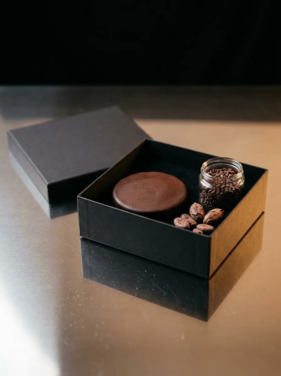 Schwarze Box mit zeremonieller Kakaomasse, Nibs und Kakaobohnen