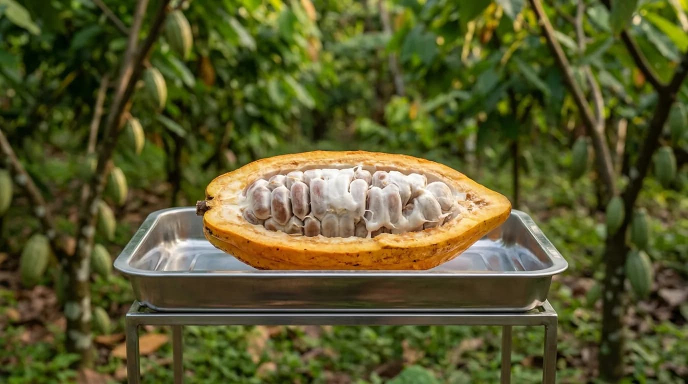 Geöffnete Nacional-Kakaofrucht mit weißem Fruchtfleisch, frisch geerntet auf der Farm