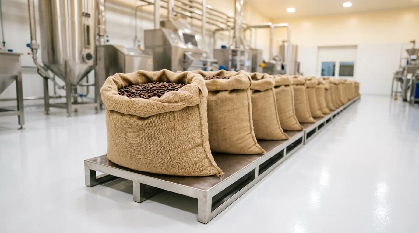 Jute sacks of cacao beans in a clean processing facility